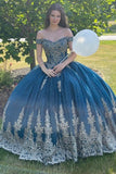 Sparkly Teal Blue Off-the-Shoulder Lace Up Back Quinceanera Dress