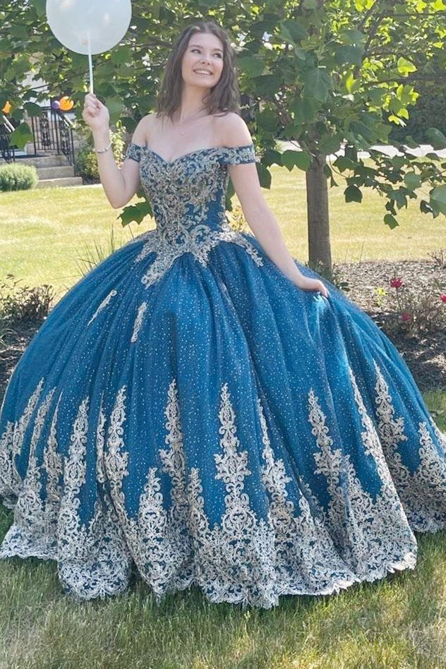 Sparkly Teal Blue Off-the-Shoulder Lace Up Back Quinceanera Dress