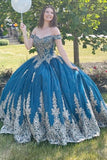 Sparkly Teal Blue Off-the-Shoulder Lace Up Back Quinceanera Dress