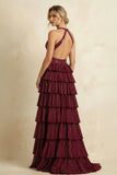 Burgundy - A-Line Halter Satin Beaded Long Prom Dresses With Ruffles