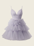 A-Line Deep V Neck Tiered Short Homecoming Dress