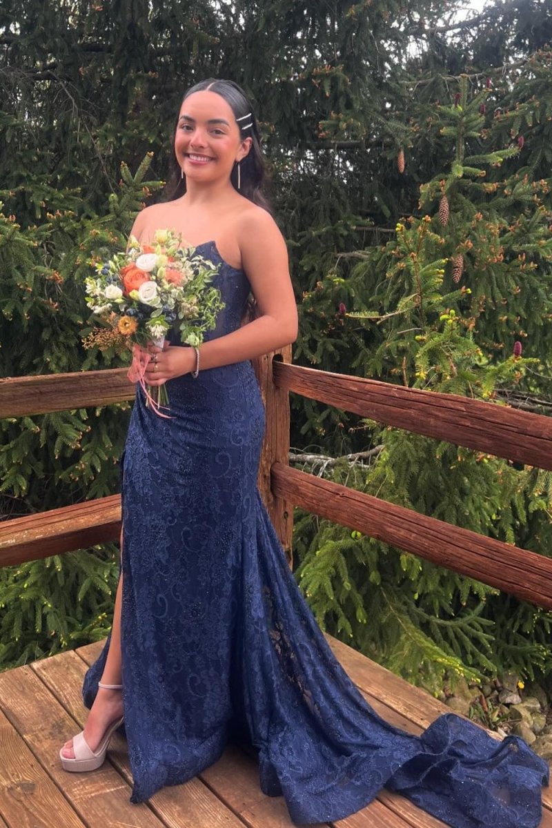 Lavender Strapless Lace Ruched Mermaid Prom Dress with Slit