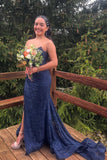 Lavender Strapless Lace Ruched Mermaid Prom Dress with Slit