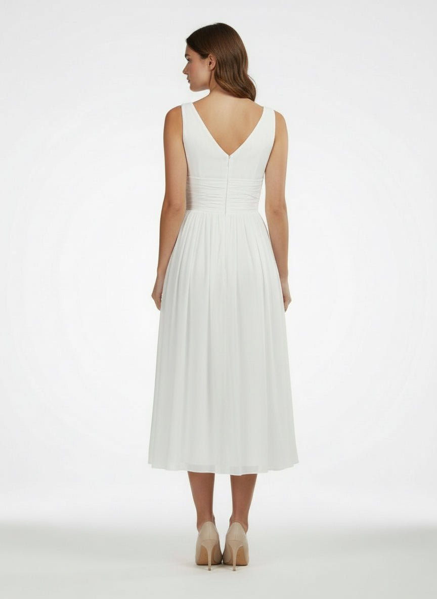 V-Neck Sleeveless Tea-Length Chiffon Wedding Dress With Ruching And Low-V Back