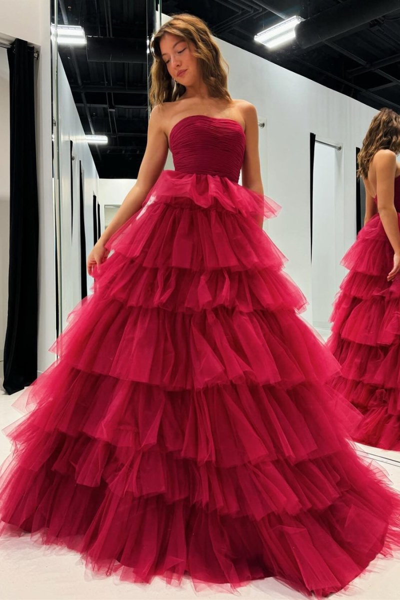 A-Line Strapless Tiered Tulle Prom Dress with Ruffles