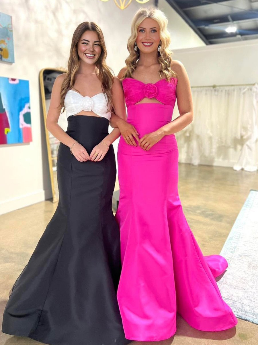 Strapless White and Black Ruched Mermaid Prom Dress