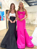 Strapless White and Black Ruched Mermaid Prom Dress