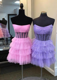 A Line Black Strapless Tiered Homecoming Dress