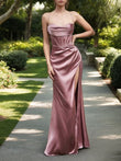 Sheath/Column Silk like Satin Ruched Spaghetti Straps Sleeveless Sweep/Brush Train Dresses Prom Evening Dress