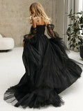 Mirabella | Black Corset A-Line Long Sleeves Wedding Dresses With Off-The-Shoulder