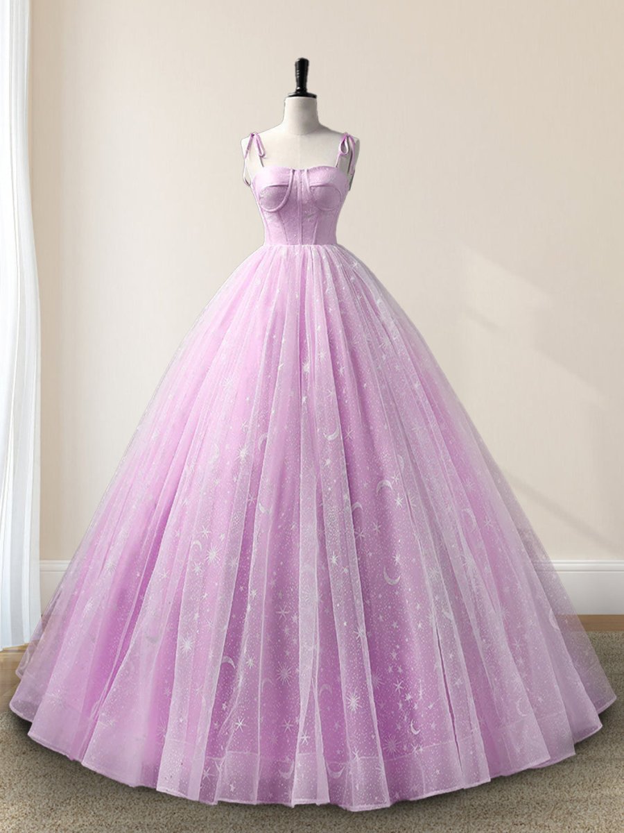 Lilac A-Line Spaghetti Straps Tulle Long Quinceanera Dresses