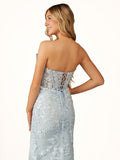 Strapless Mermaid Lace Appliques Long Prom Dress with Bow