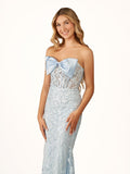 Strapless Mermaid Lace Appliques Long Prom Dress with Bow