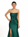 Dark Green Strapless Sheath Satin Long Prom Dress With Split