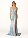 Mermaid Sweetheart Blue Beaded Ruched Long Prom Dress with Slit