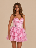 Pink - A Line Sweetheart Floral Chiffon Corset Ruffled Homecoming Dresses