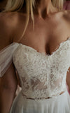 A-Line Lace White Lace-Up Off-the-Shoulder Wedding Dress with Slit