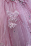 Pink Tulle Floral Appliques Sweetheart Lace-Up Quinceanera Dress