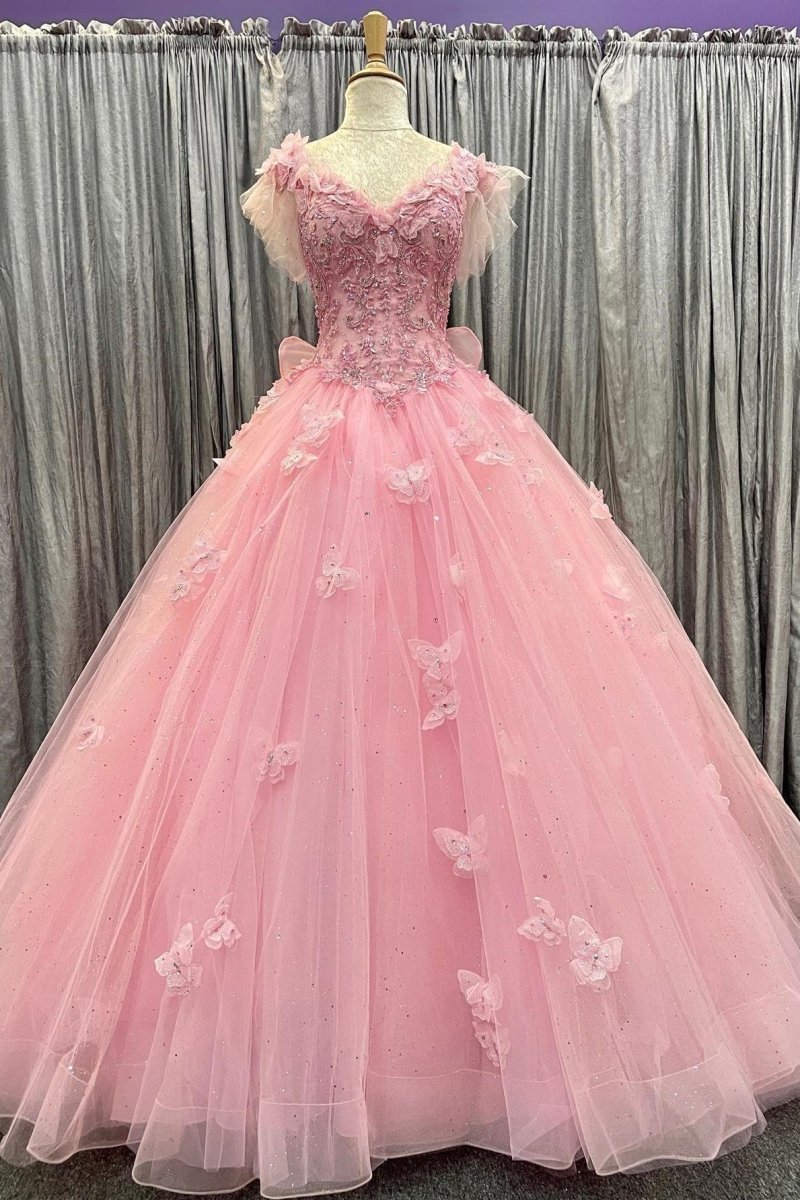 pink quince dress with bow in the back Soft Long Pink Quinceanera Dresses: Bows, Butterflies More Flutter Sleeves Back Pink Quince Dress Guide: Bow