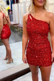 Orange Sparkly Bodycon One Shoulder Sequins Mini Party Dresses with Keyhole