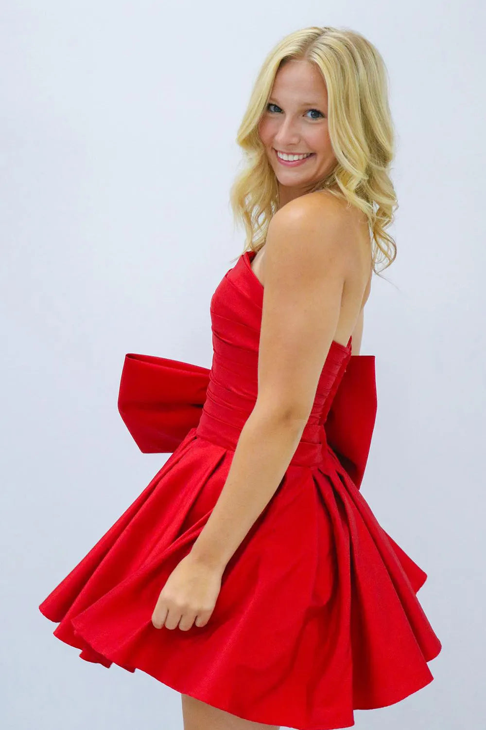A-Line Strapless Pleated Party Dress with Bow