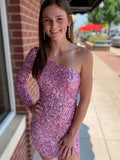 Black Bodycon One-Shoulder Sequins Mini Party Dresses