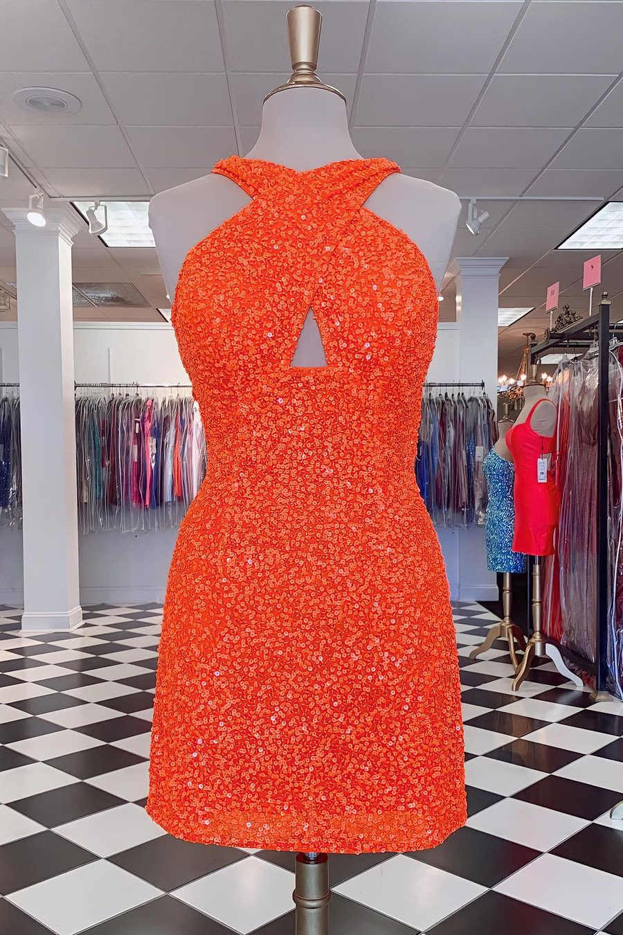 A-line Sheath Backless Hot Pink Sequins Mini Party Dresses