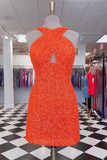 A-line Sheath Backless Hot Pink Sequins Mini Party Dresses