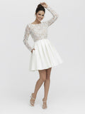 Simple A Line Short Knee-length Satin Lace Bateau Long Sleeve Wedding Dress