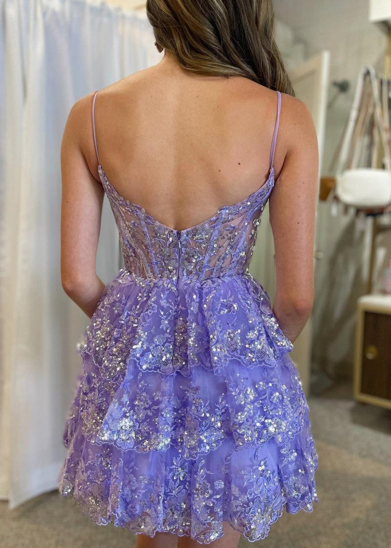 A- Line Sky Blue Sequins Multi-Layers Short Homecoming Dress