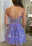 A- Line Sky Blue Sequins Multi-Layers Short Homecoming Dress