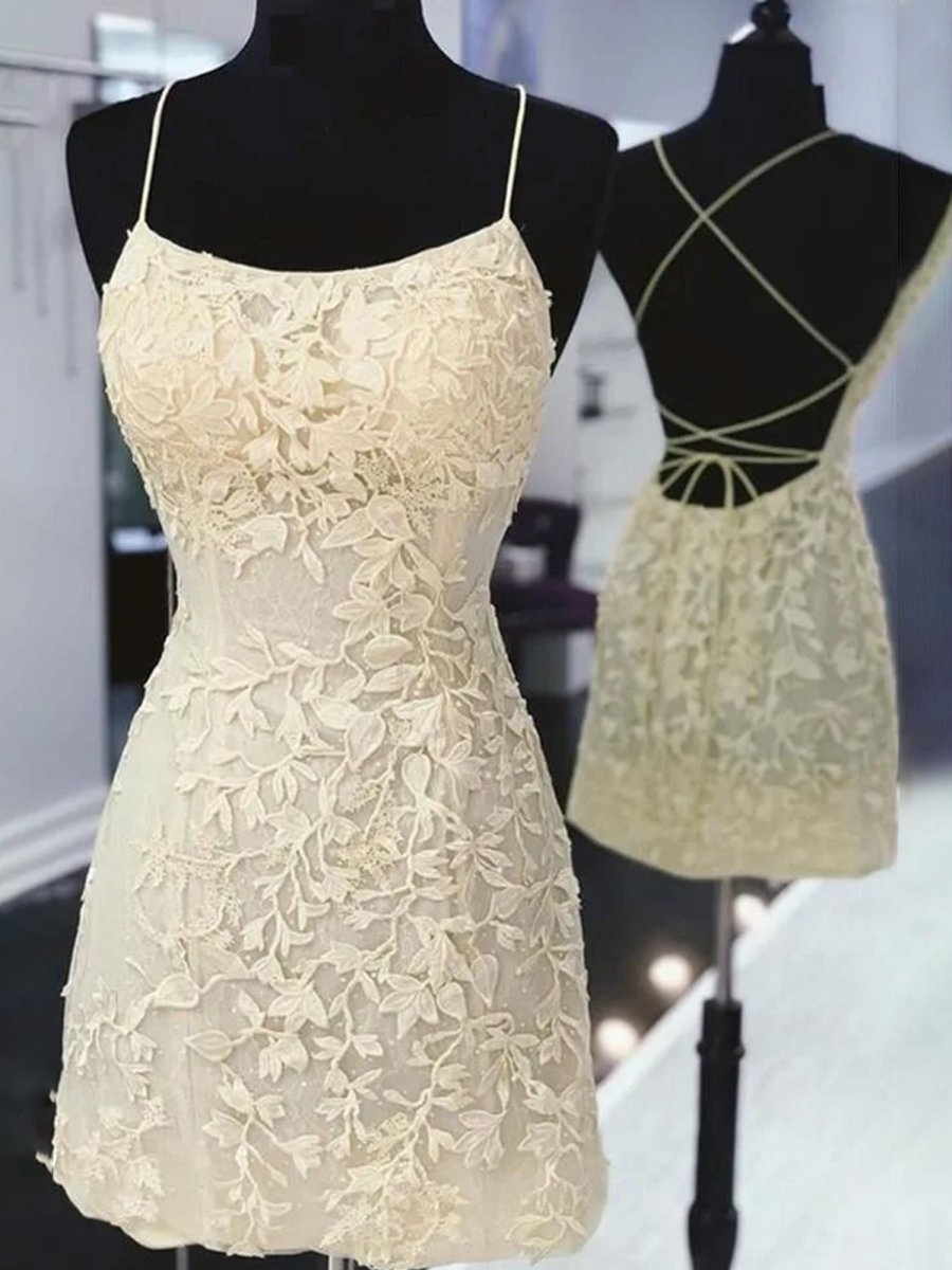 Sheath Spaghetti Straps Lace Short Homecoming & Cocktail Dresses