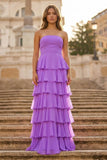 Purple Strapless A Line Chiffon Long Prom Dress With Ruffles
