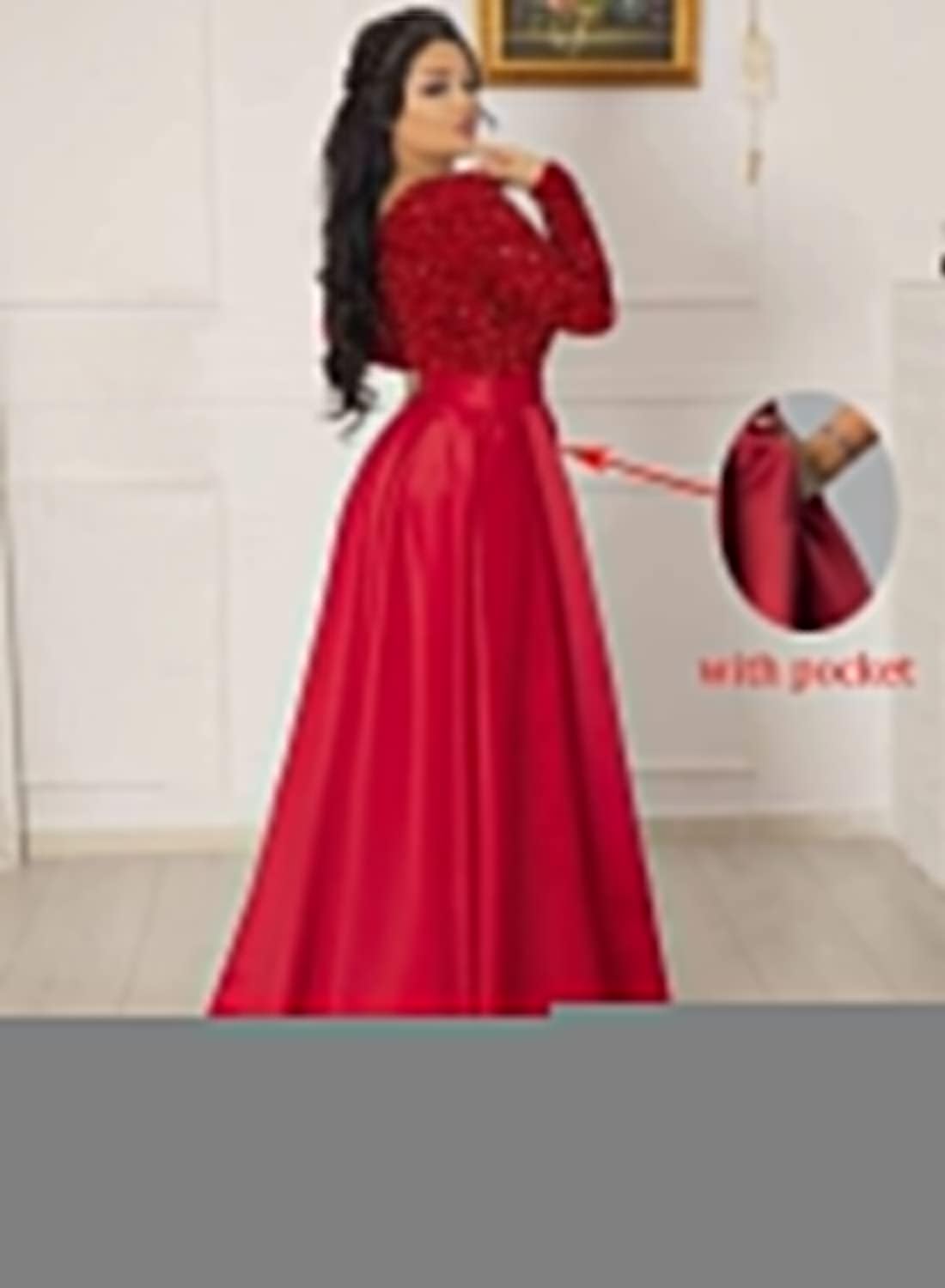 Vestido de fiesta de satén con lentejuelas brillantes para mujer, con bolsillos, manga larga y abertura. 