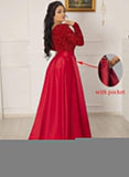Vestido de fiesta de satén con lentejuelas brillantes para mujer, con bolsillos, manga larga y abertura. 
