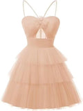 Tulle Homecoming Dresses 2027 Layered Spaghetti Straps Short Prom Dress A-Line Prom Cocktail Party Gown