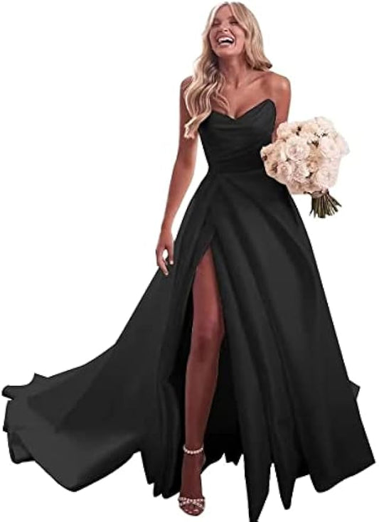 Vestidos de fiesta sin tirantes, vestido largo de baile de satén, vestido de novia para novia, línea A, vestidos de fiesta de noche formales con abertura 