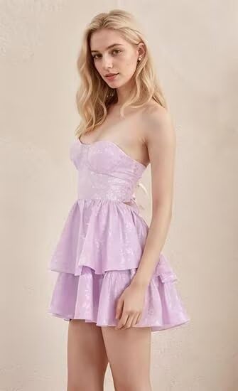 Jacquard Satin Homecoming Dresses 2027 Tiered Layed Aline Strapless Formal Cocktail Party Cute Mini Gown