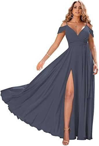 Schulterfreie Brautjungfernkleider 2025 für Frauen, langes Chiffon-Abendkleid mit V-Ausschnitt und Schlitz