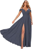 Schulterfreie Brautjungfernkleider 2025 für Frauen, langes Chiffon-Abendkleid mit V-Ausschnitt und Schlitz