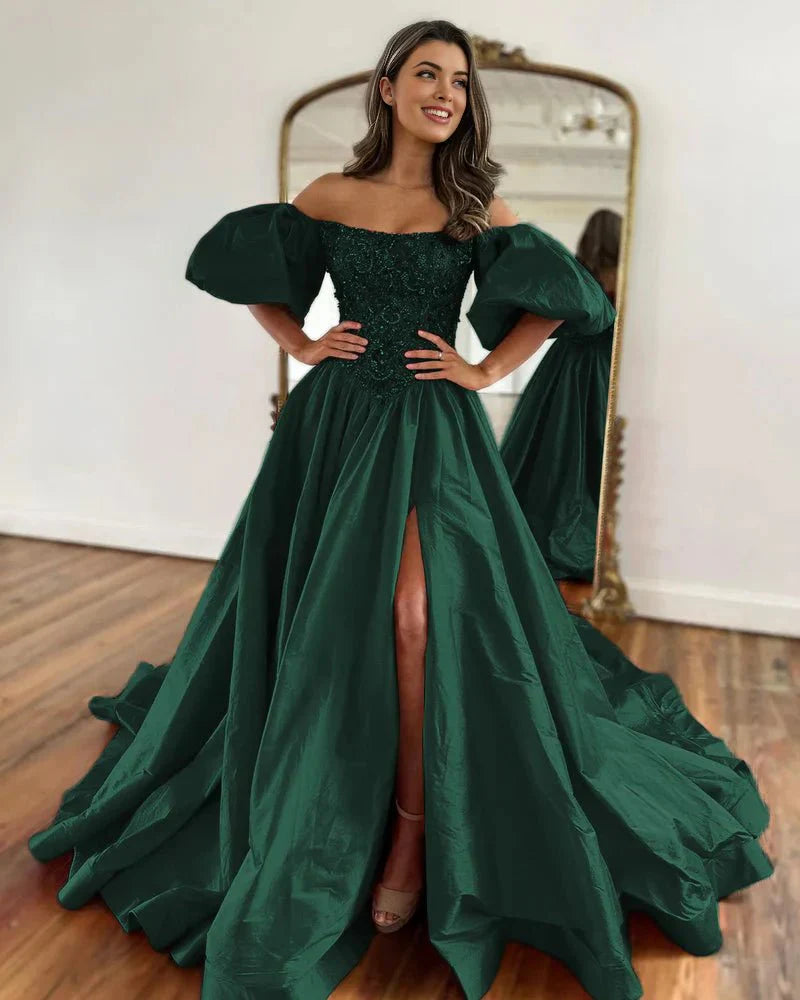A-Line Off The Shoulder Taffeta Prom Dress With Short Puffy Sleeves