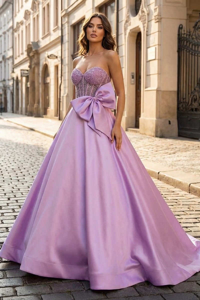 A-Line Sweetheart Lilac Beaded Long Prom Dresses With Bow