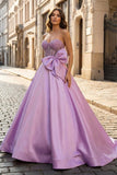 A-Line Sweetheart Lilac Beaded Long Prom Dresses With Bow