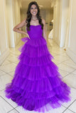 A-Line Strapless Tiered Tulle Prom Dress with Ruffles