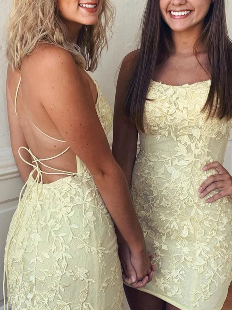 Sheath Spaghetti Straps Lace Short Homecoming & Cocktail Dresses