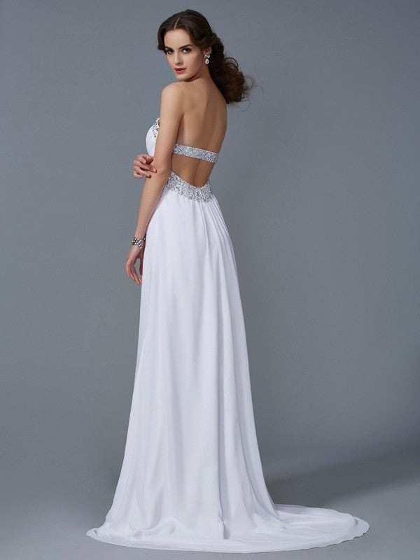 Vestido de noche de graduación de gasa largo con cuentas, sin mangas, sin tirantes y corte princesa