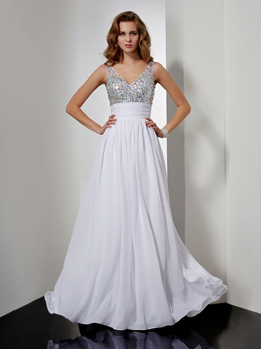 Vestido de noche de graduación de gasa largo sin mangas con lentejuelas y diamantes de imitación, corte A/princesa, escote en V