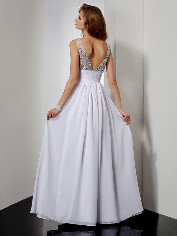 Vestido de noche de graduación de gasa largo sin mangas con lentejuelas y diamantes de imitación, corte A/princesa, escote en V
