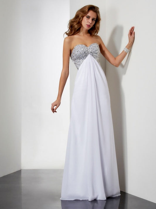 Vestido de fiesta de noche largo de gasa sin mangas con escote en forma de corazón y cuentas