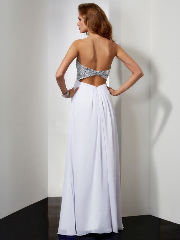 Vestido de fiesta de noche largo de gasa sin mangas con escote en forma de corazón y cuentas